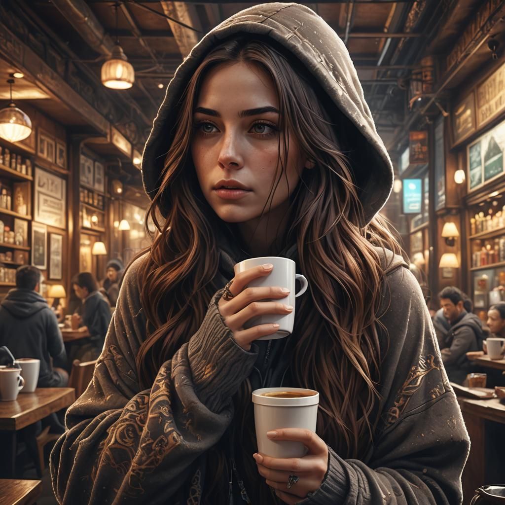 Girl with Hoodie Drinking Coffee: Digital Matte Painting