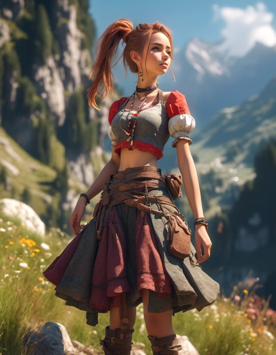 Humorous Woman in Swiss Alps with Volumetric Lighting