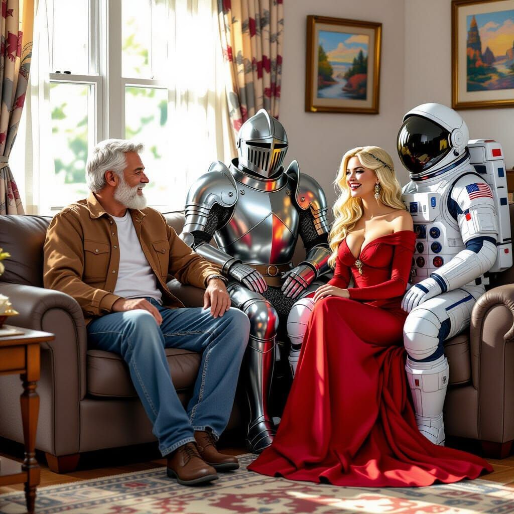 Unlikely Friends Gather for Lively Conversation in Living Ro...