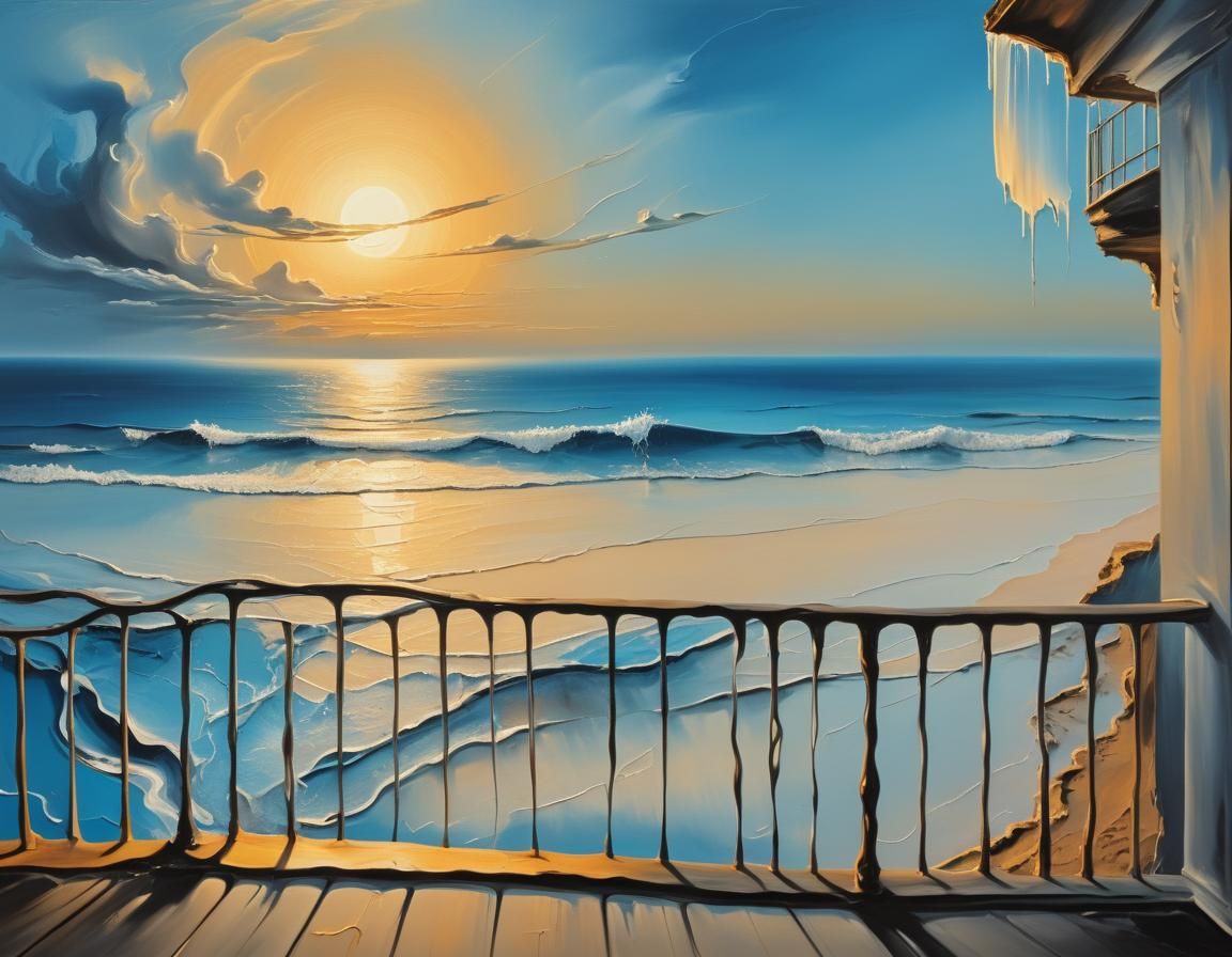 Monochrome Blue Sunset Balcony View as Impasto Oil Painting