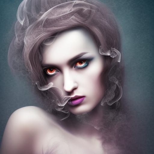 Dramatic Greek Goddess Escaping Smoke in Dark Forest