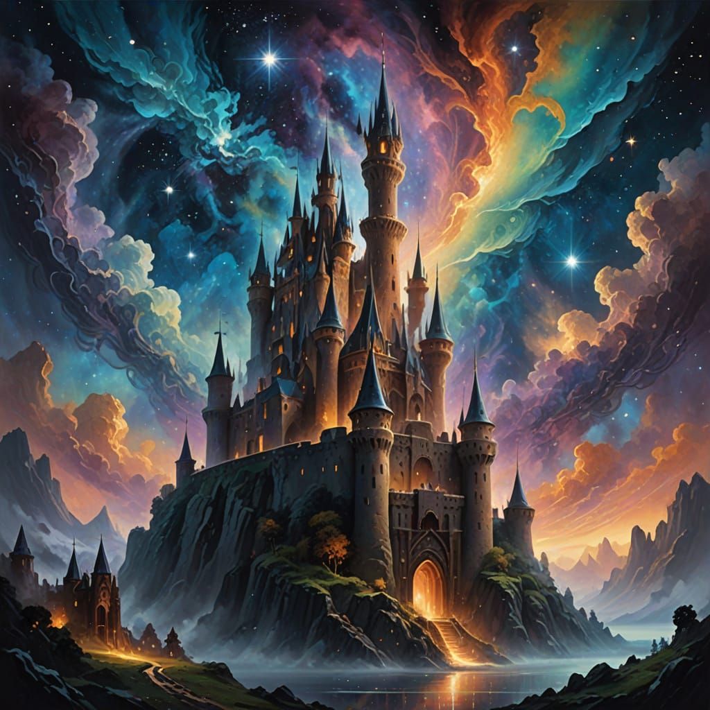 Ancient Cosmic Castle Against Nebula in Dark Fantasy Style