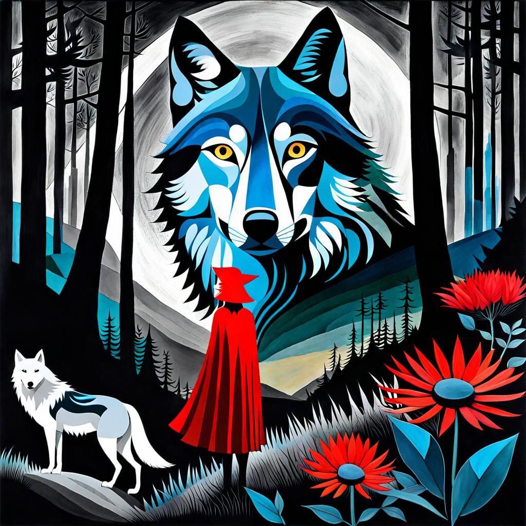 Double Exposure, Wolf  in a forest and Native American Red Ridinghood, Salvador Dali collaboration Paul Klee and Tim Bur...