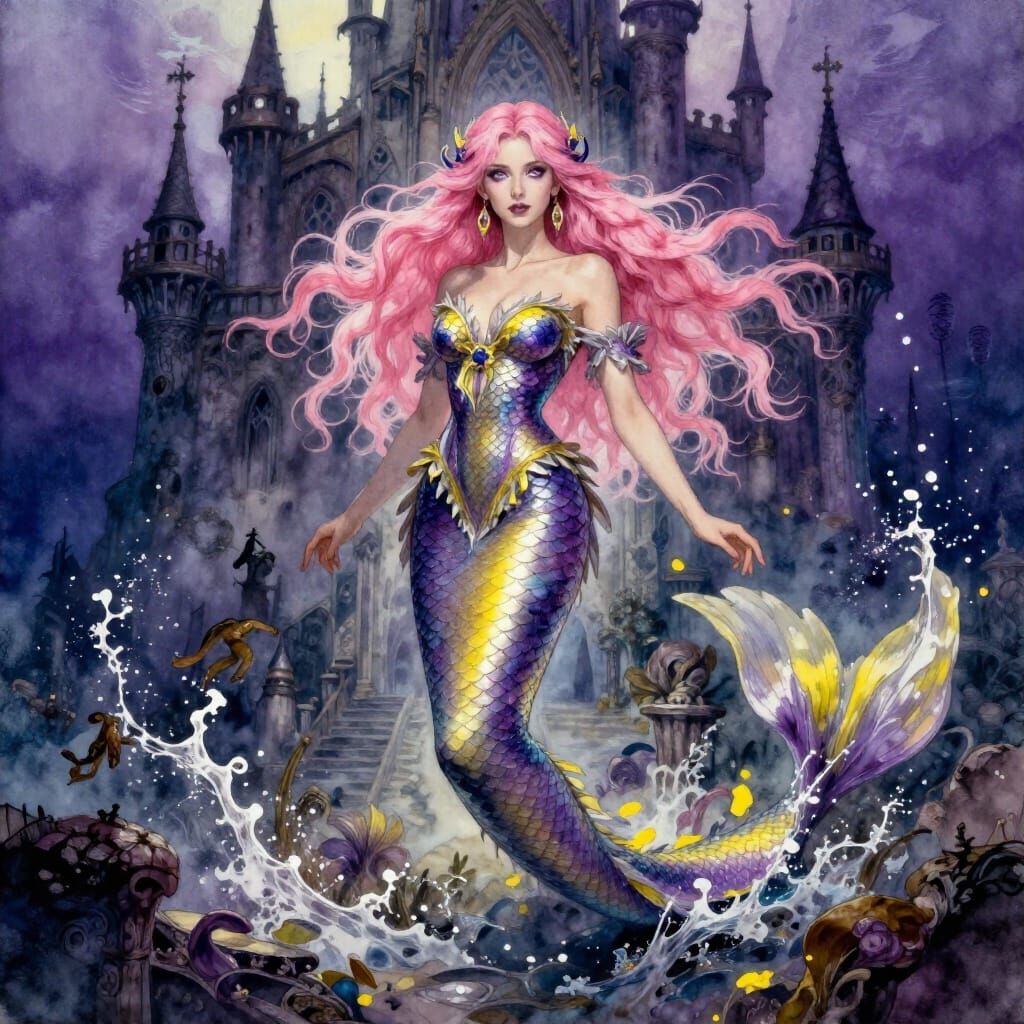 Gothic Mermaid Poses in Underwater Castle