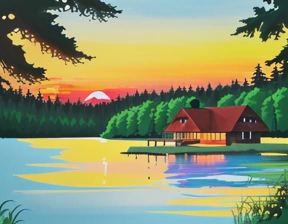 Summer Beach Sunset Gouache Painting