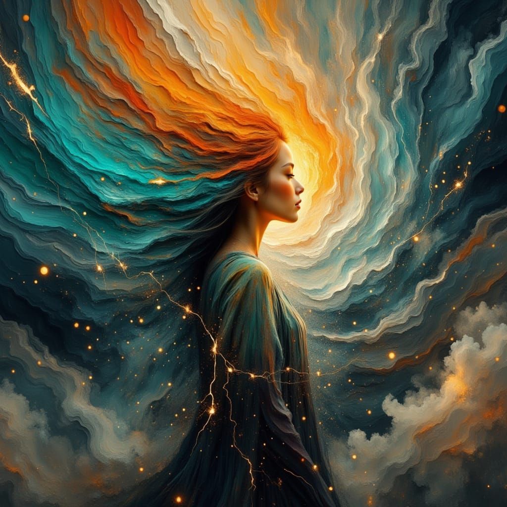 Rainbow-Haired Woman Merging with Tempest in Neo-Impressioni...