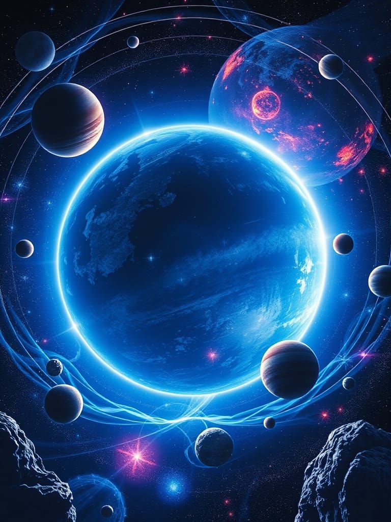 Planets in Deep Space with Glowing Orb