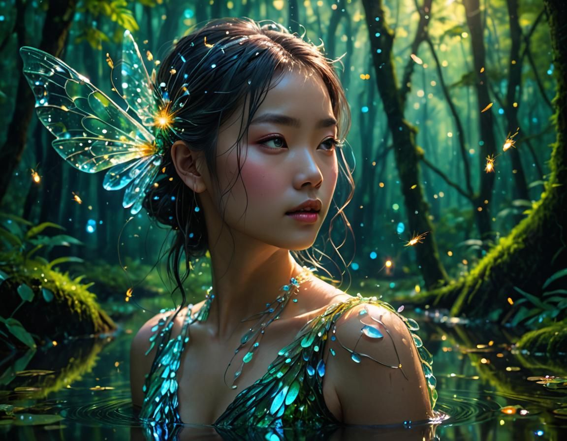 Glass Siren in Mystical Forest with Fairies