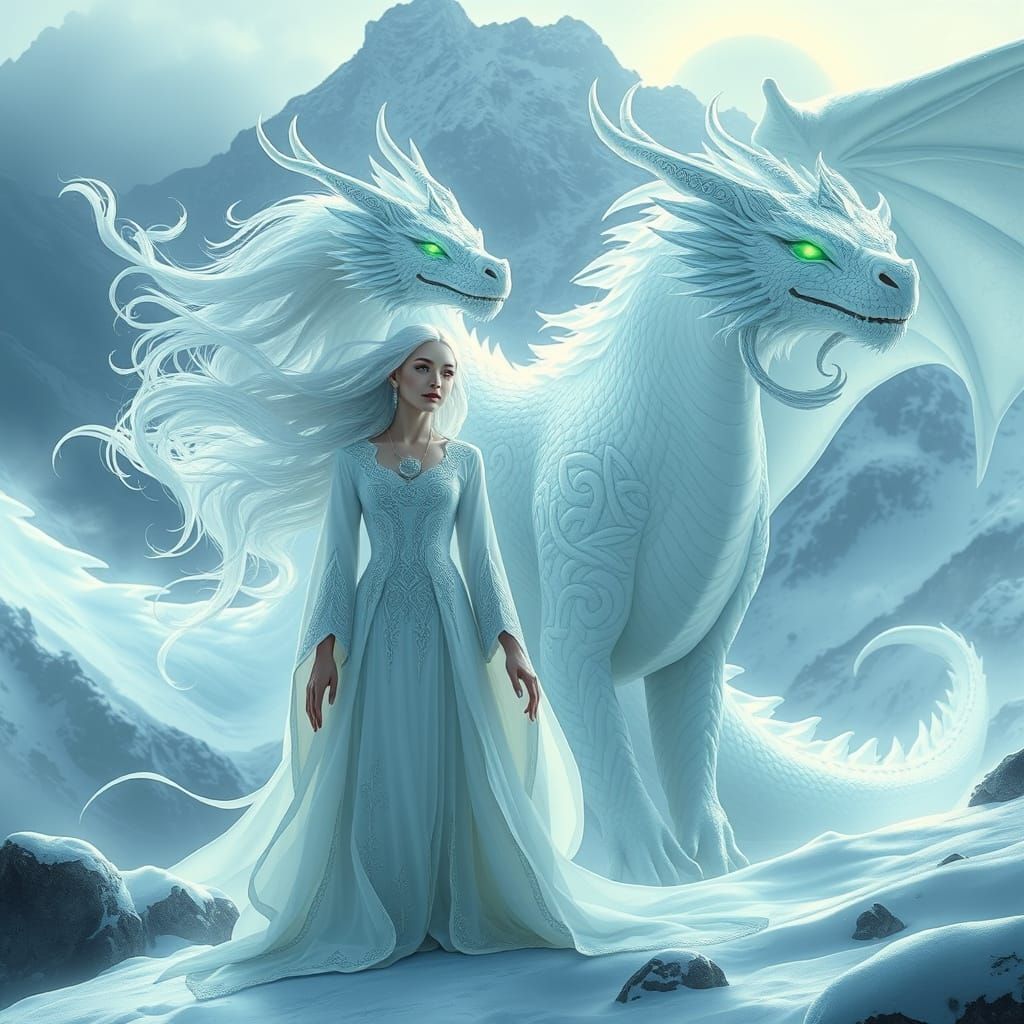 Dragon Goddess with White Dragon in Snowy Landscape