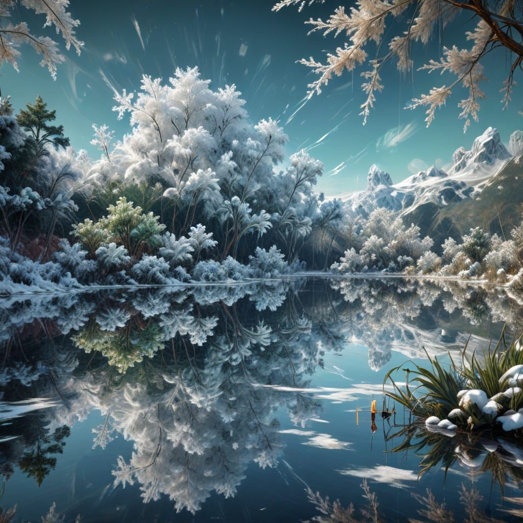Infinite Mirror with Renoir Winter Lake and Glitch Art