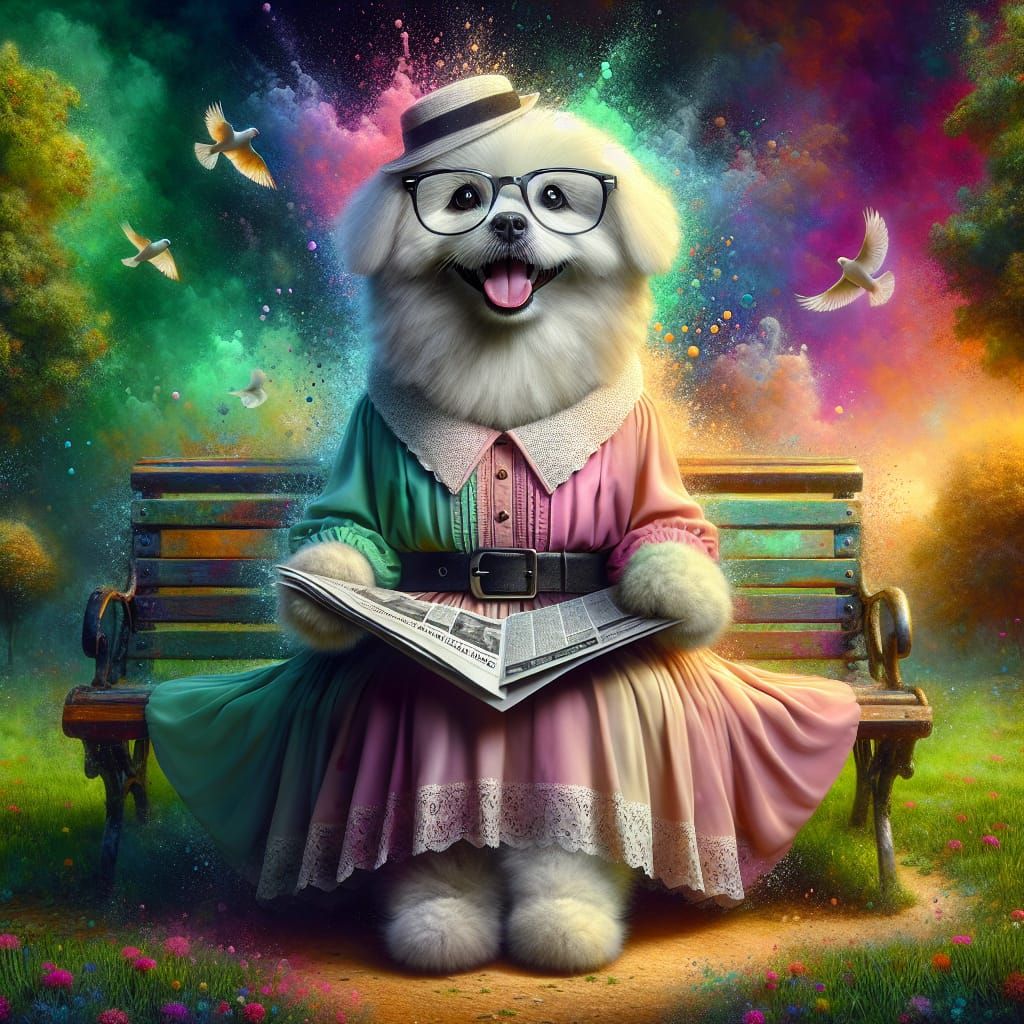 Hyperrealistic Portrait: Dog Reading Newspaper in Park