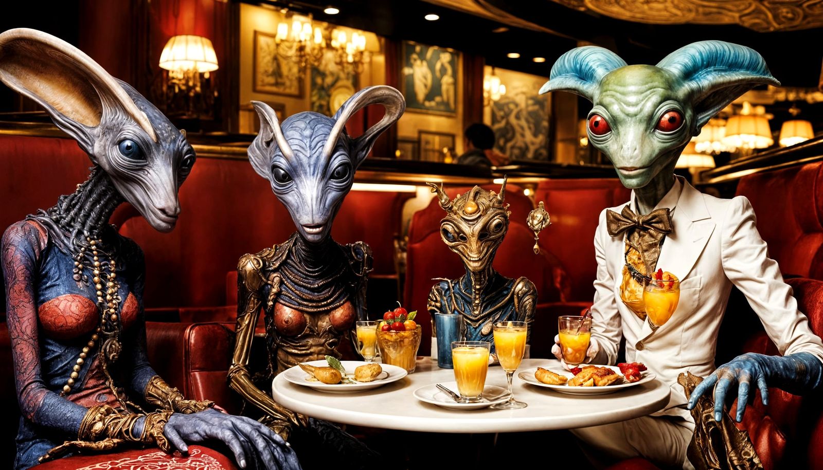 Surreal Restaurant Scene with Exotic Aliens, Professional Ph...