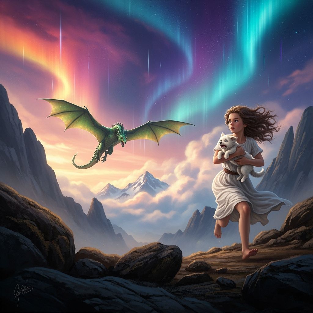 Girl and Dog Chase Dragon in Fantasy Landscape