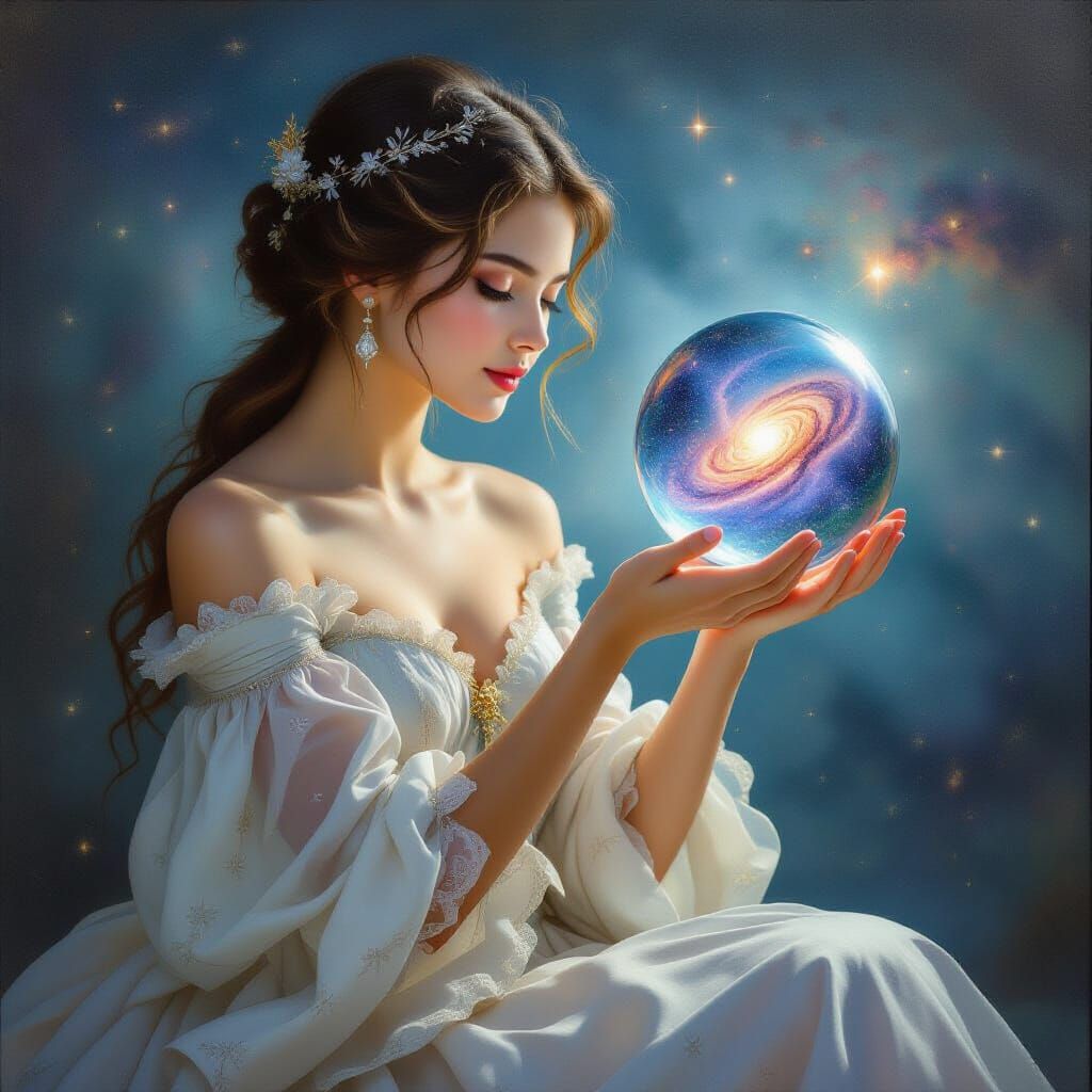 Woman Holds Galaxy: Renaissance Meets Cosmic Art