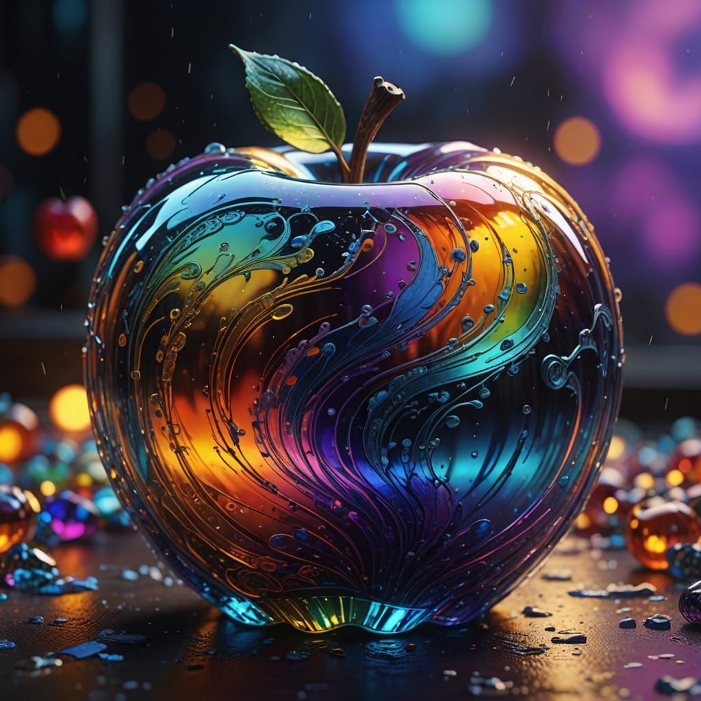 Glowing Glass Apple in a Vibrant, Fantastical Atmosphere