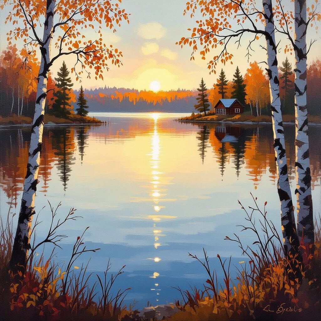 Autumn Lake Reflections in Impressionist Acrylic Style