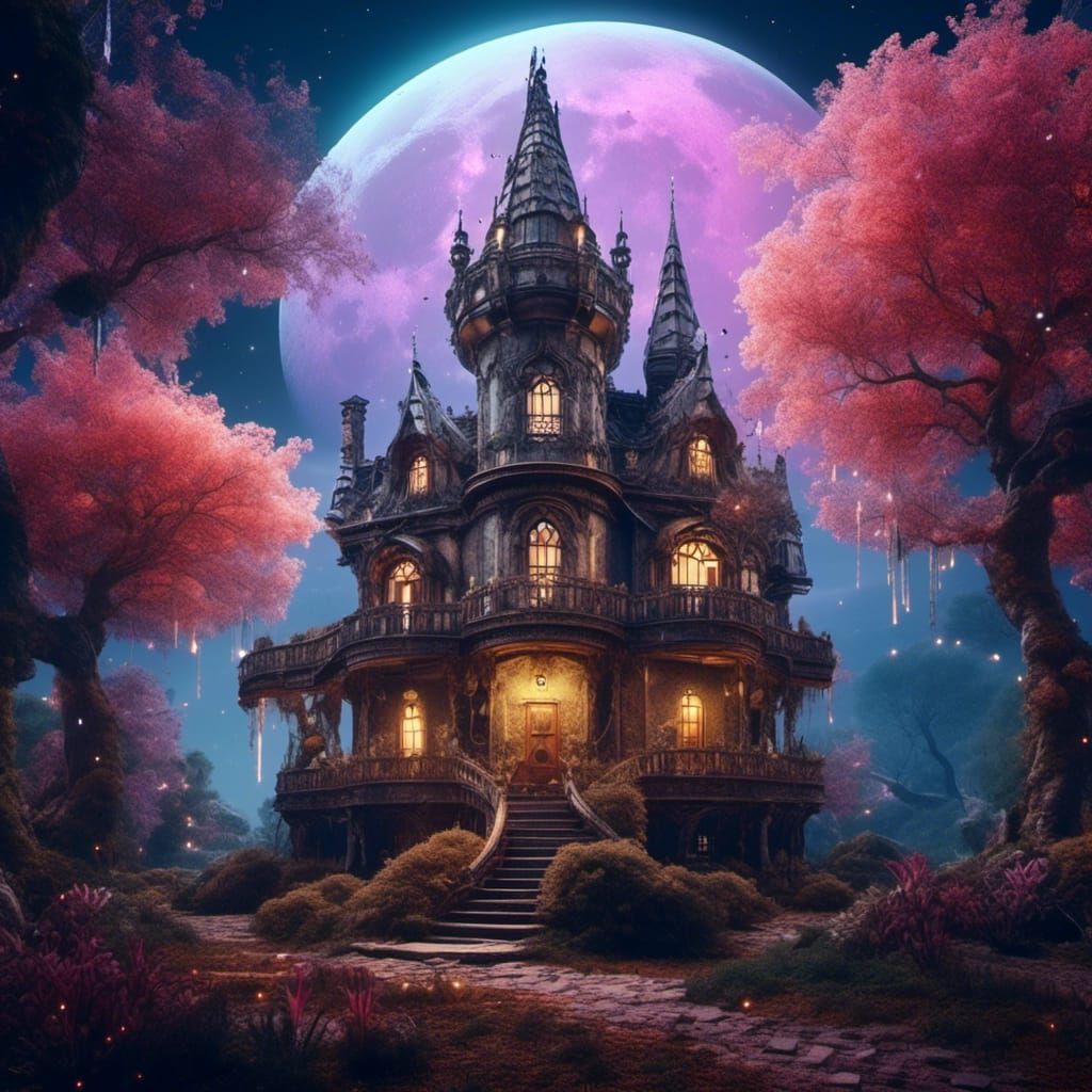 Whimsical Fantasy Castle in a Moonlit Enchanted Forest