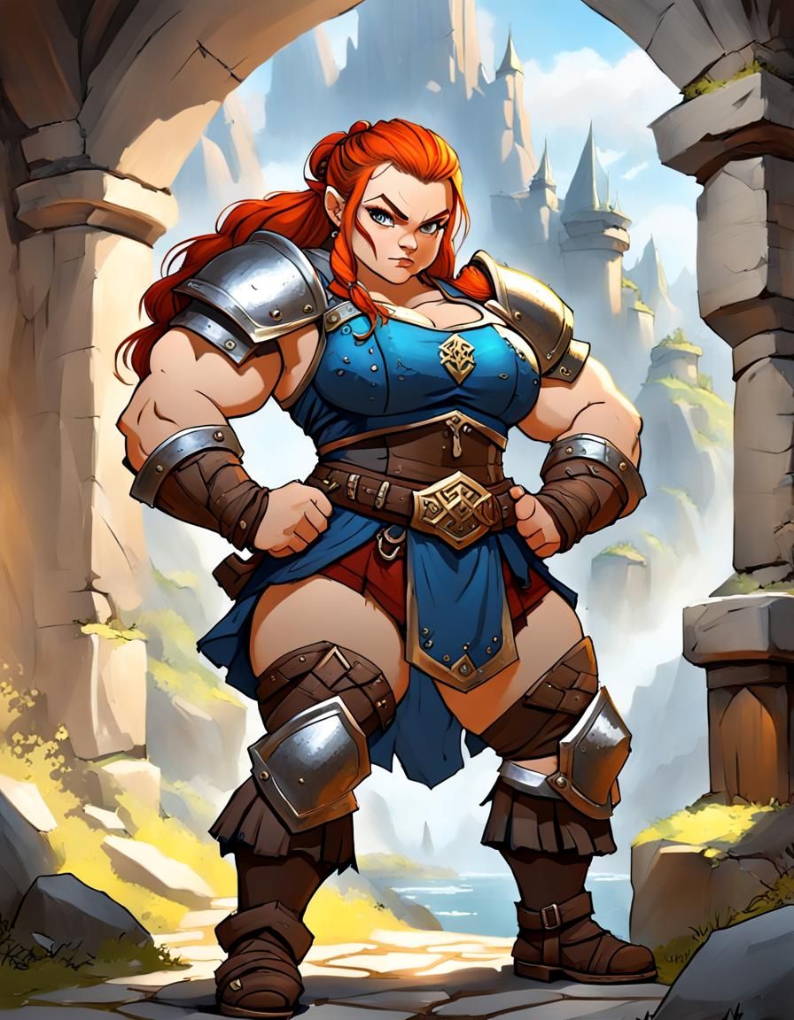 Fantasy Dwarf Woman Flexing Bicep in Medieval Setting