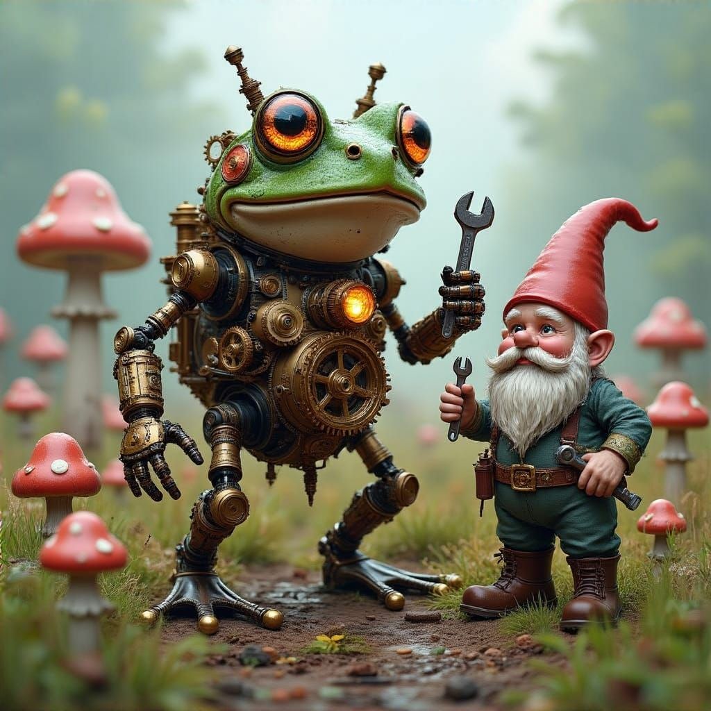 Steampunk Frog Amidst Whimsical Mushrooms