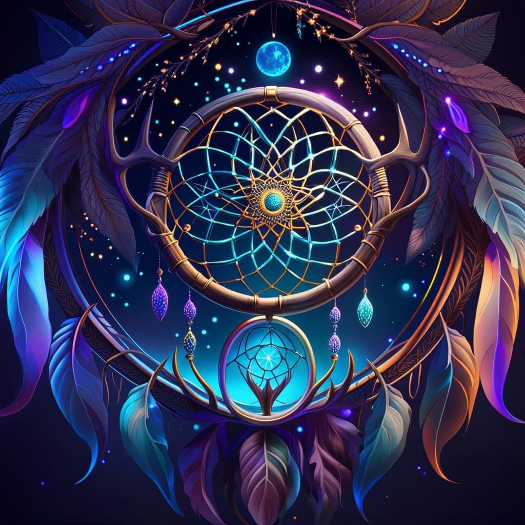 Cosmic Dreamcatcher with Antlers in Holographic Style