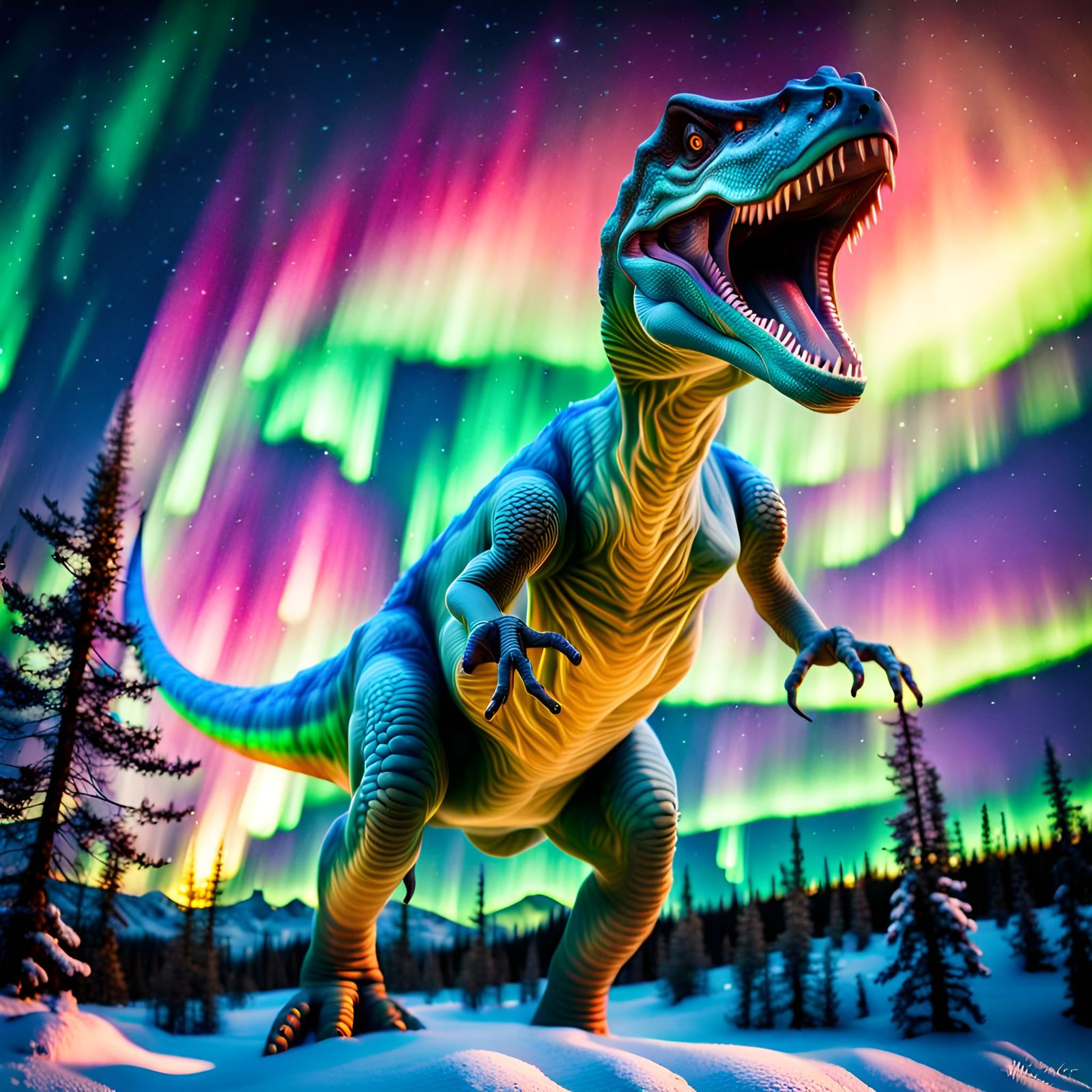 Dinosaur Spirit and Northern Lights in Double Exposure