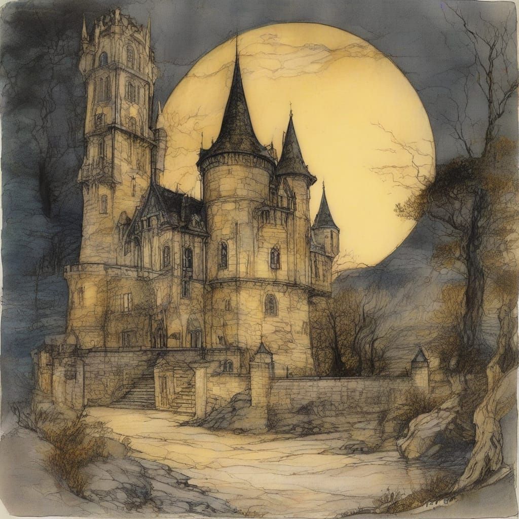Surreal Gothic Castle Under a Golden Moon
