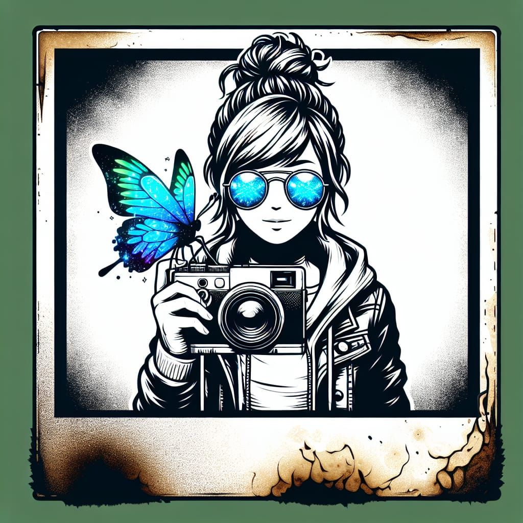 Hipster Character with Butterfly in Polaroid Frame