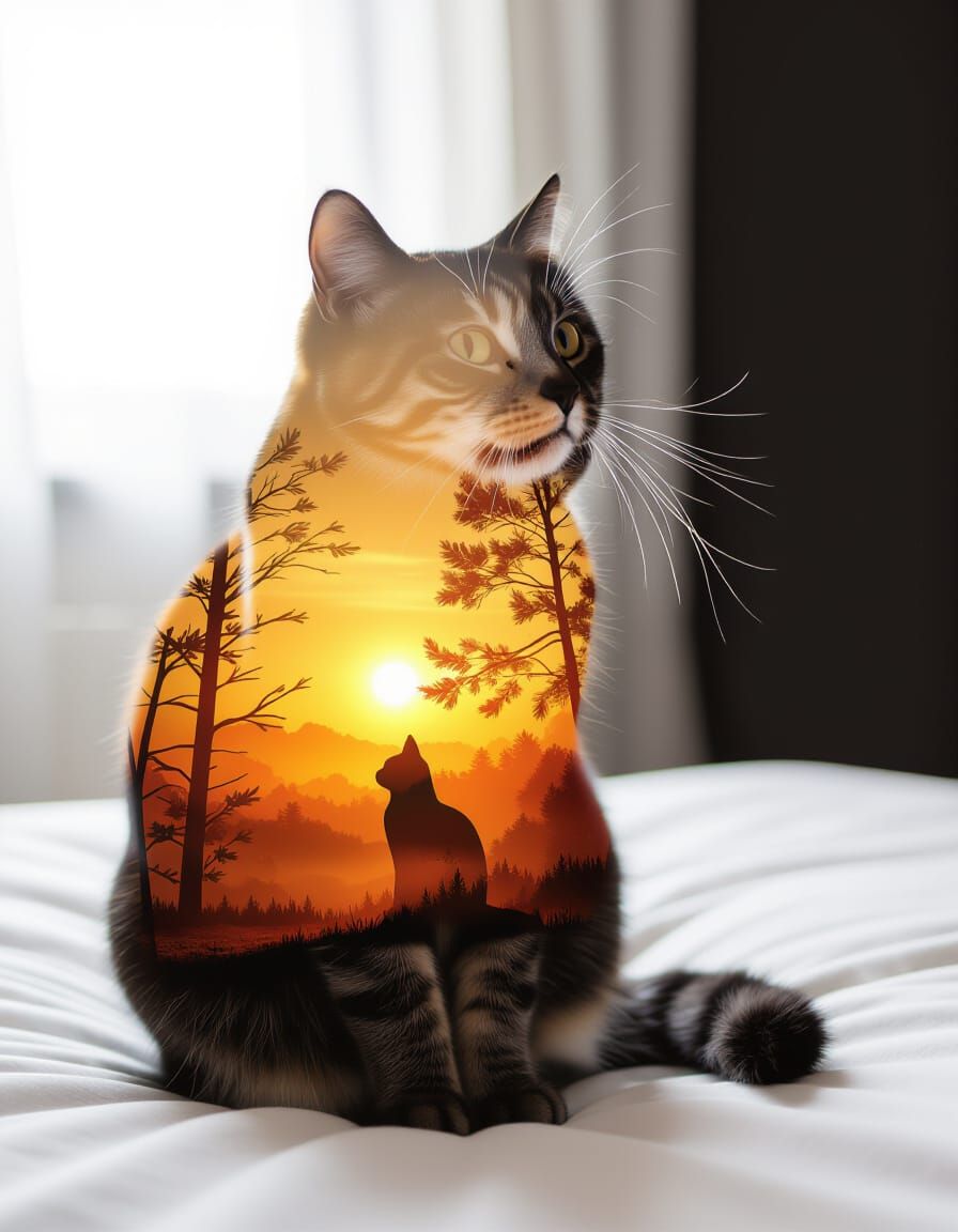 Ethereal Cat Silhouette with Autumn Sunrise Double Exposure