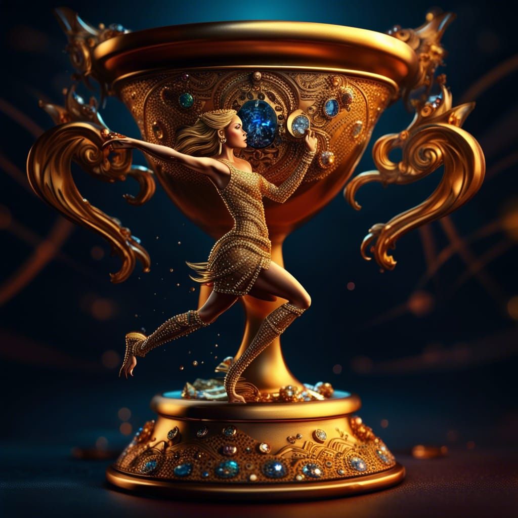 Golden Trophy Cup with Dancing Girl, Fantasy Art