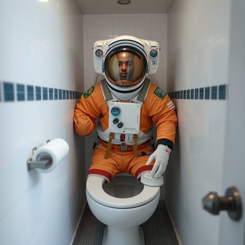 Space Traveler in a Bathroom Setting