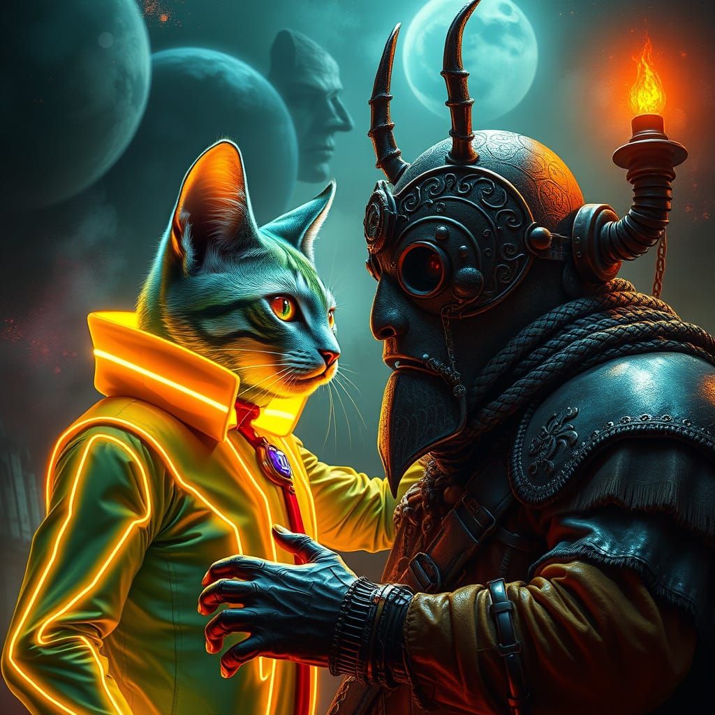 Feline Agent Meets Ancestor on Surreal Nebula Nine