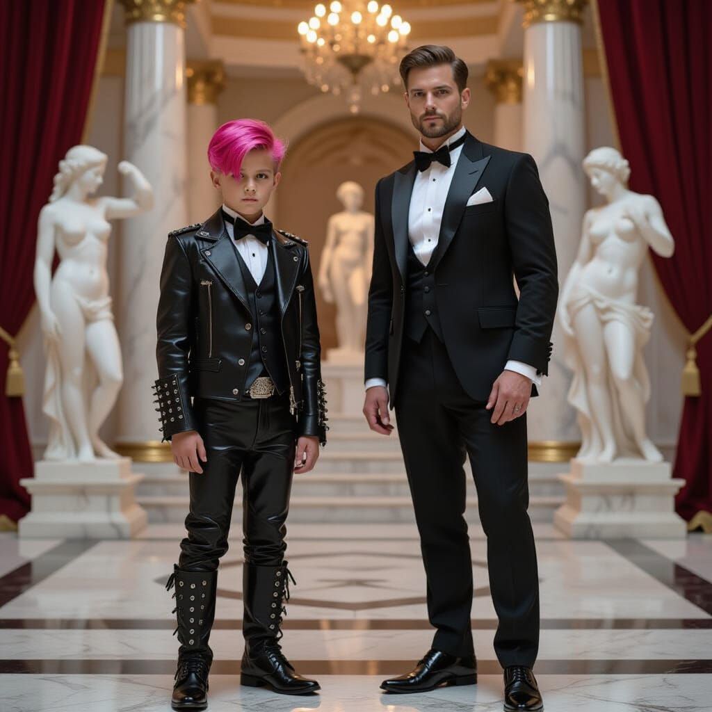 Gothic Youth and Tuxedo Man in Opulent Greek Temple