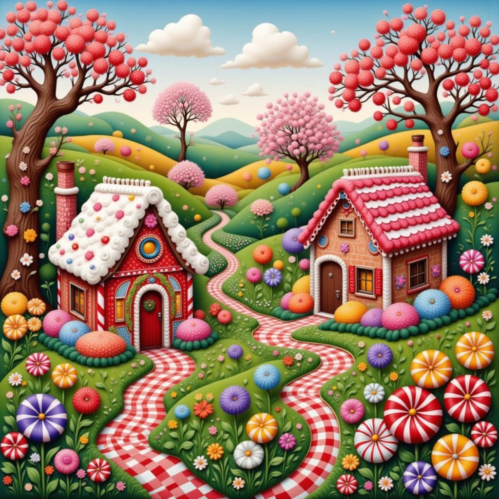 Whimsical Candy Village in Folk Art Style