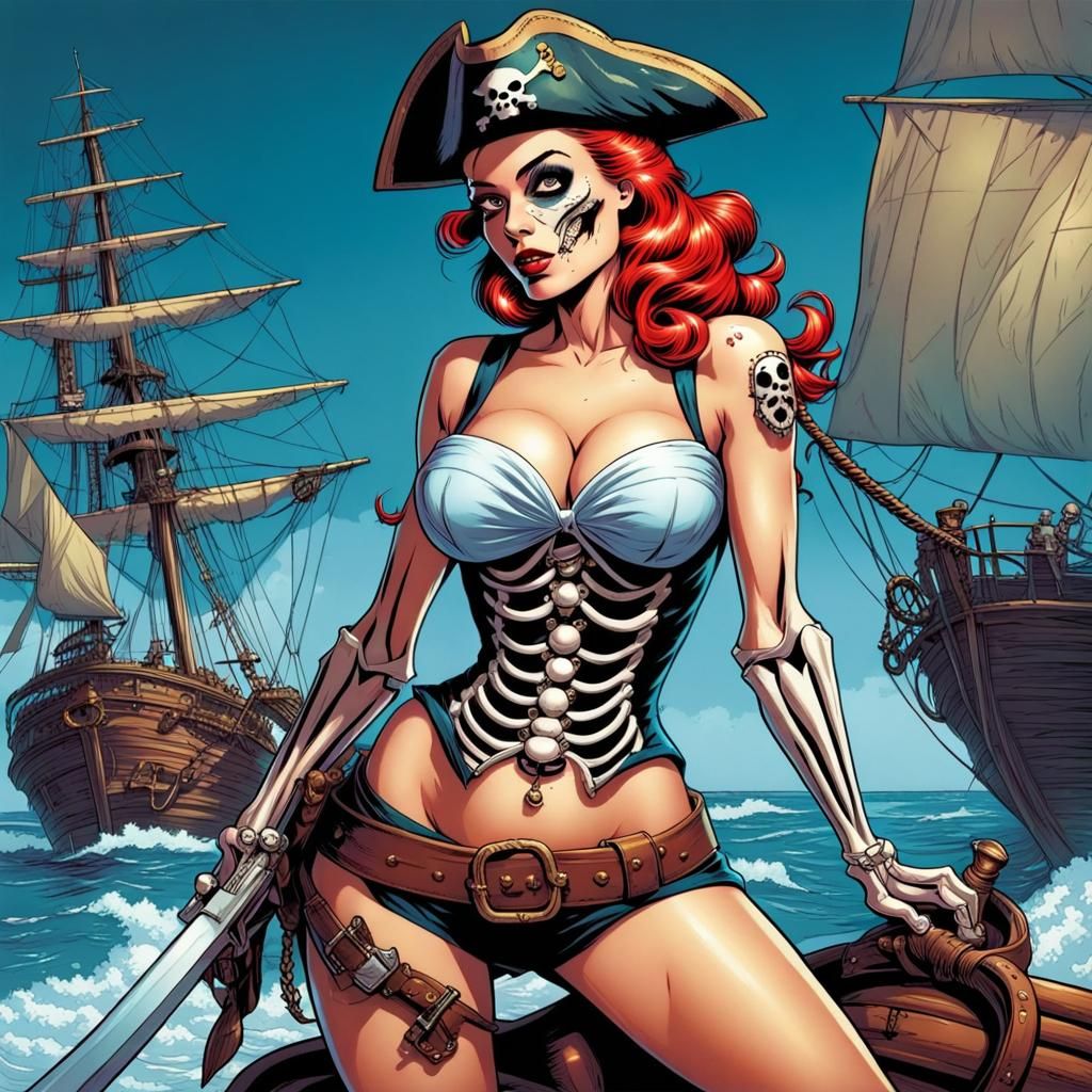 Pirate Pinup Skeleton Girl in Comic Book Style