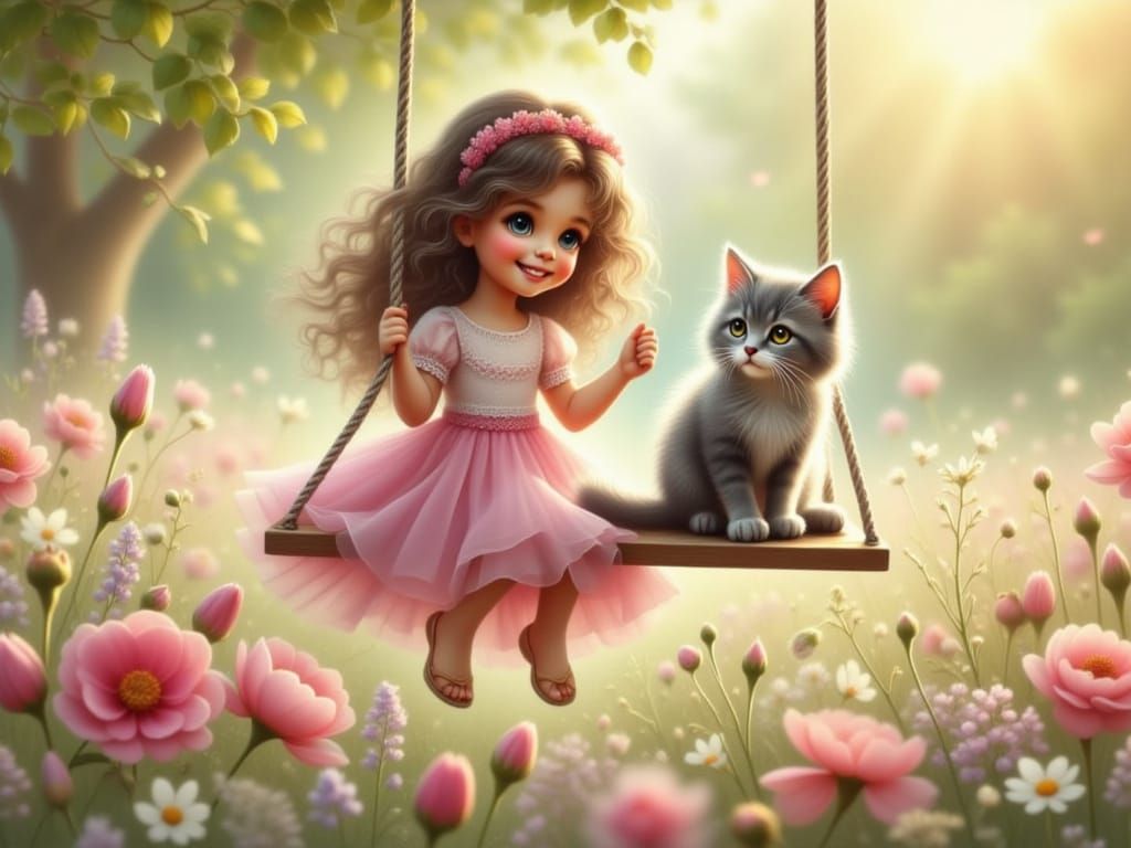 Adorable Girl and Kitten Swing Together in a Misty Spring Ga...