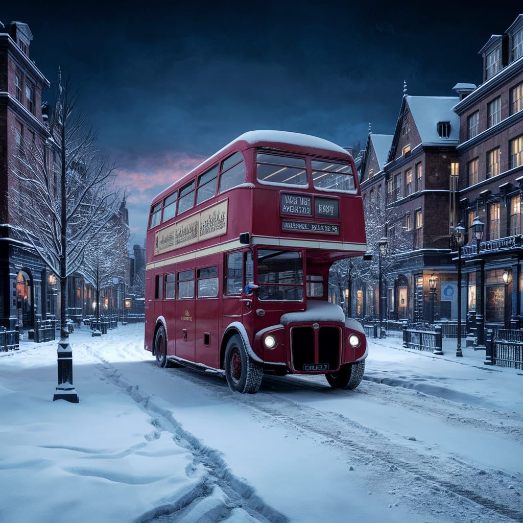 Red London Bus on Snowy Winter Evening