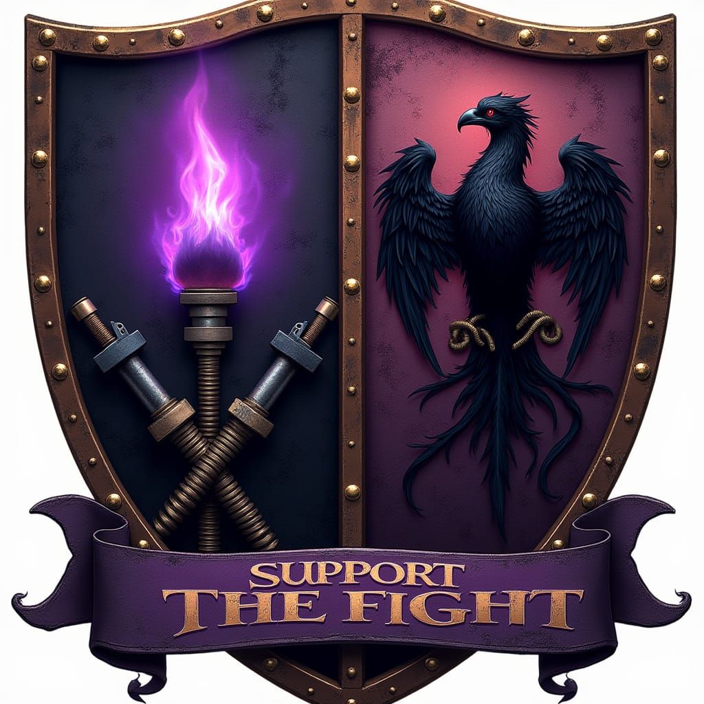 Medieval Heraldic Emblem with Flame, Tape Measure, and Phoen...