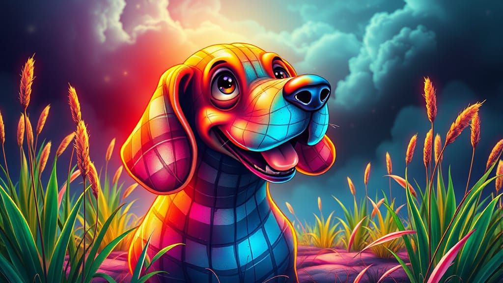 Iridescent Plaid Basset Hound in Stained Glass Anime Style