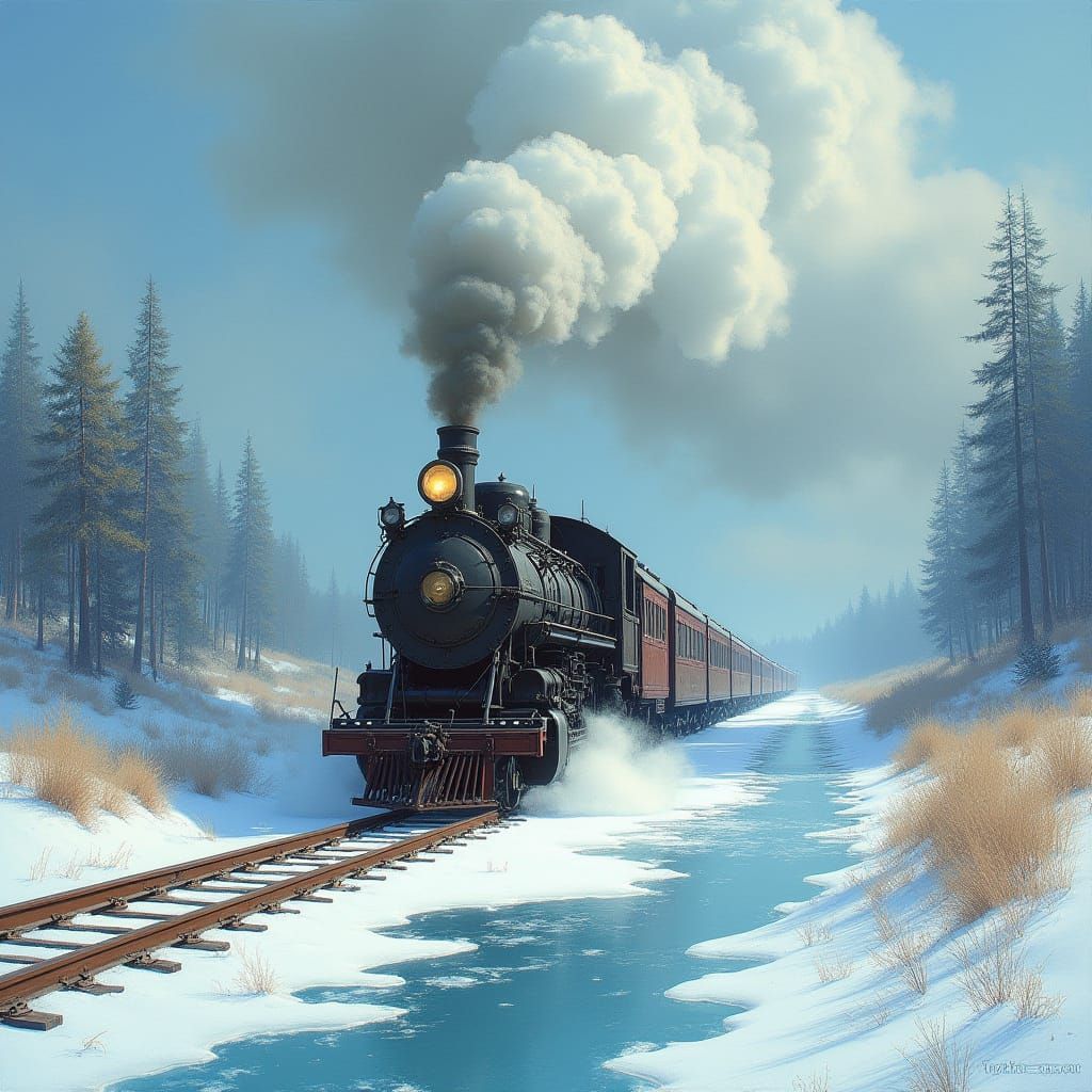 Steam Locomotive Chugs Across Frozen Landscape