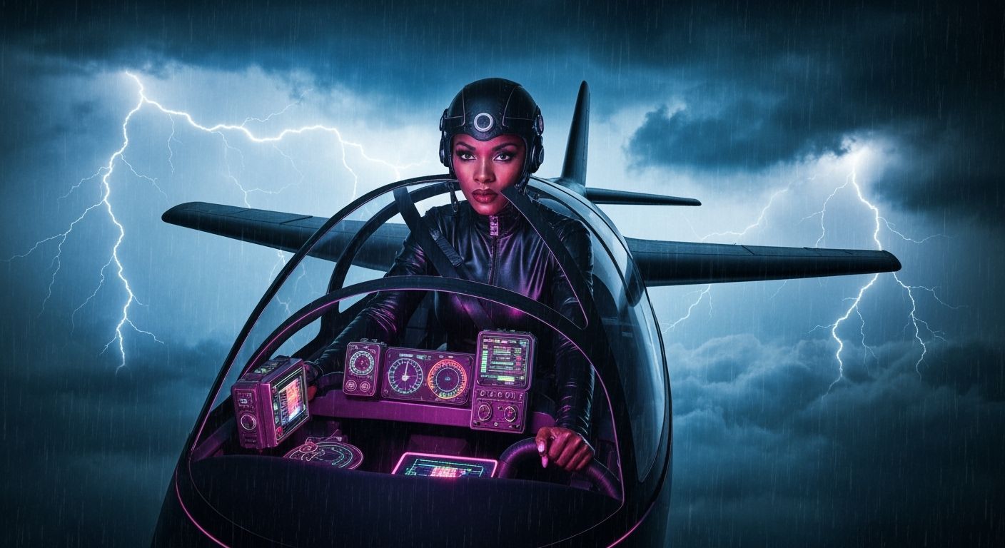 Female Pilot in Retro-Futuristic Gear Soars Through Neon Sto...