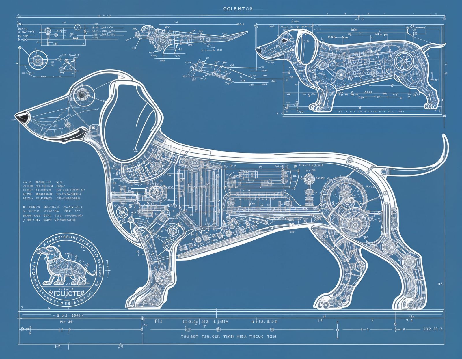 Detailed Blueprint Schematic of a Dachshund, Industrial Pate...