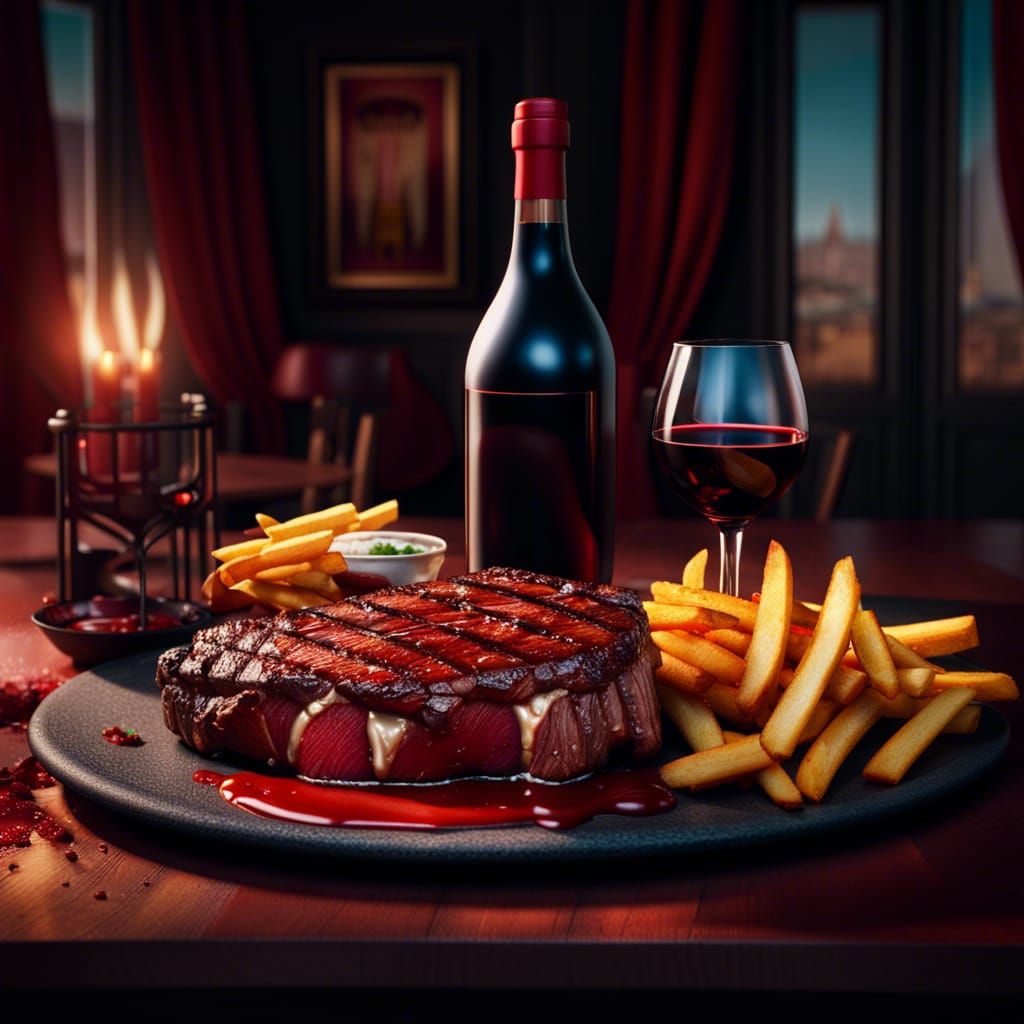 Ribsteak with Fries and Bordeaux, Detailed Matte Painting