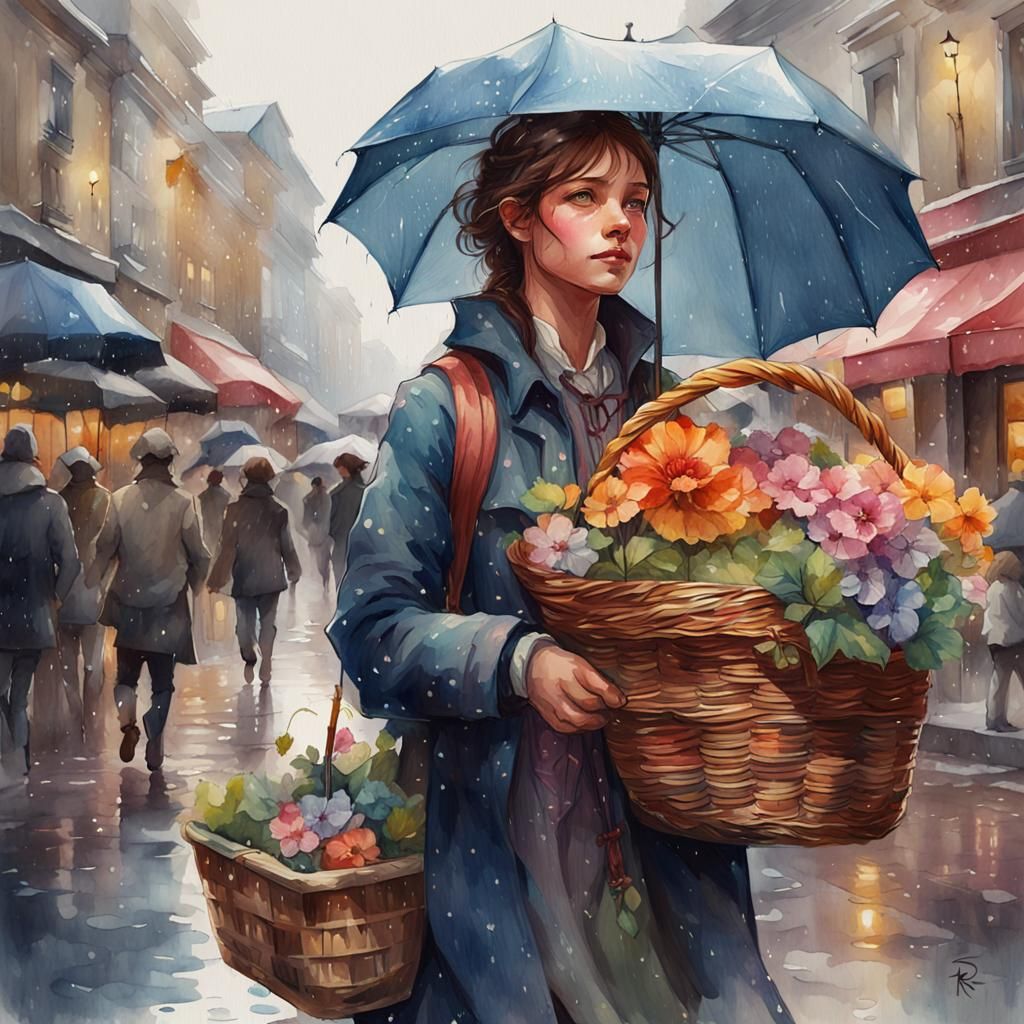 Girl with Flowers: Watercolor Street Portrait
