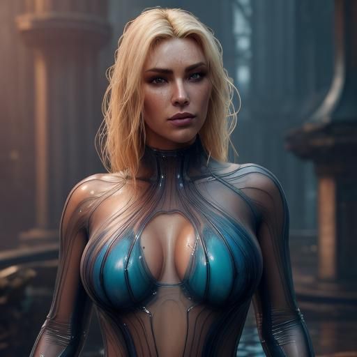 Blonde Woman in Wet Shirt: Detailed Fantasy Art