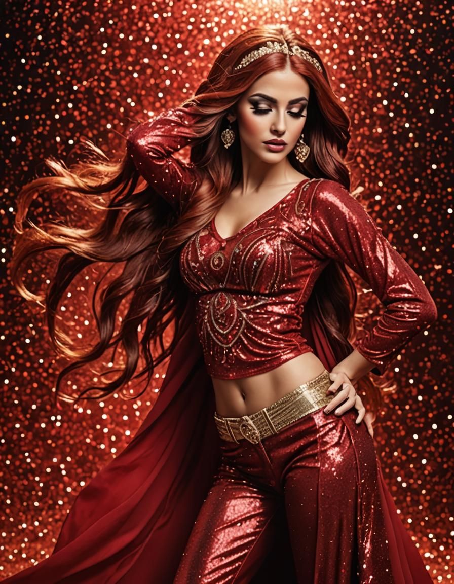 Belly Dancer with Long Red Hair in Glittering Scene
