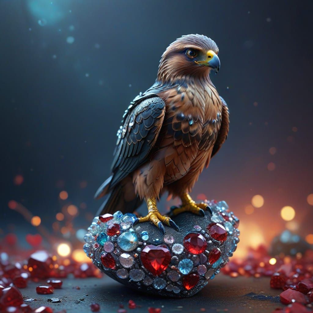 Whimsical Hawk on Crystal Heart in Fantastical Landscape