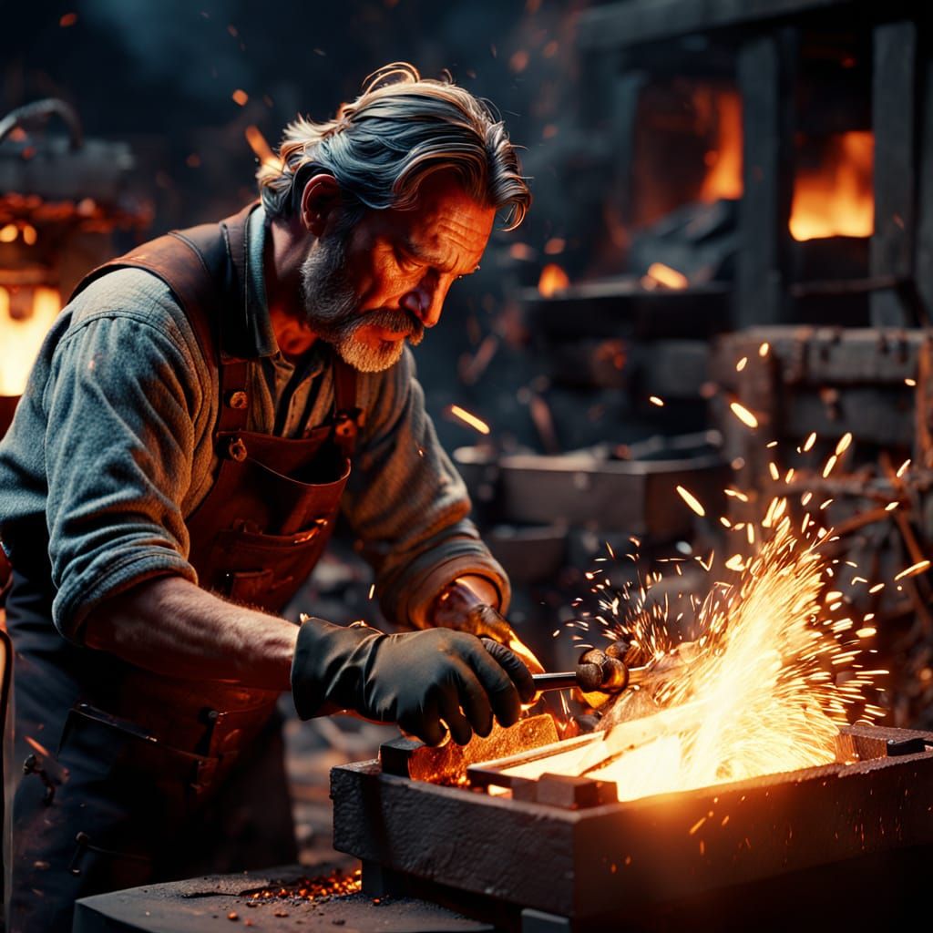 Blacksmith Crafting a Box in Hyperrealistic Style