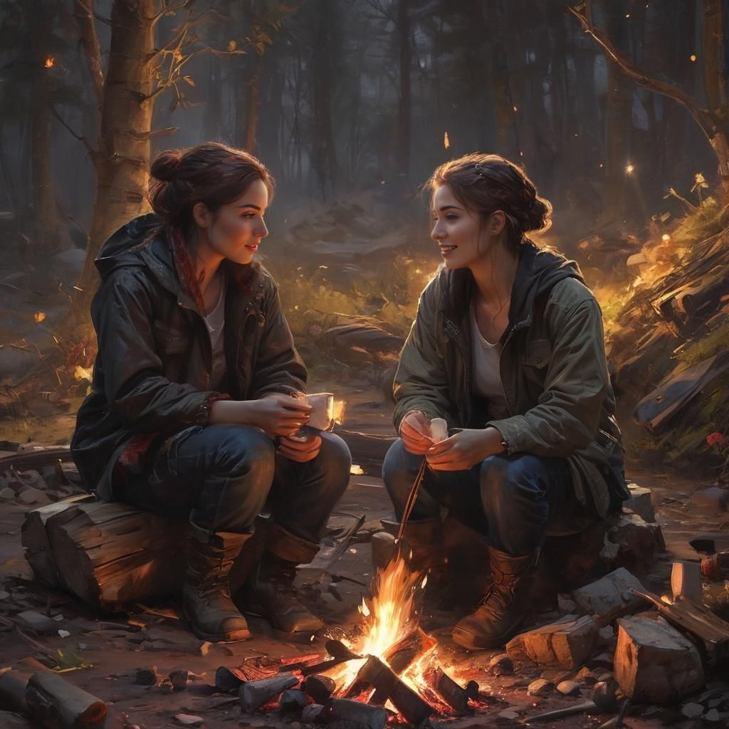 Campfire Marshmallows: Lesbian Couple in Oil Painting Style