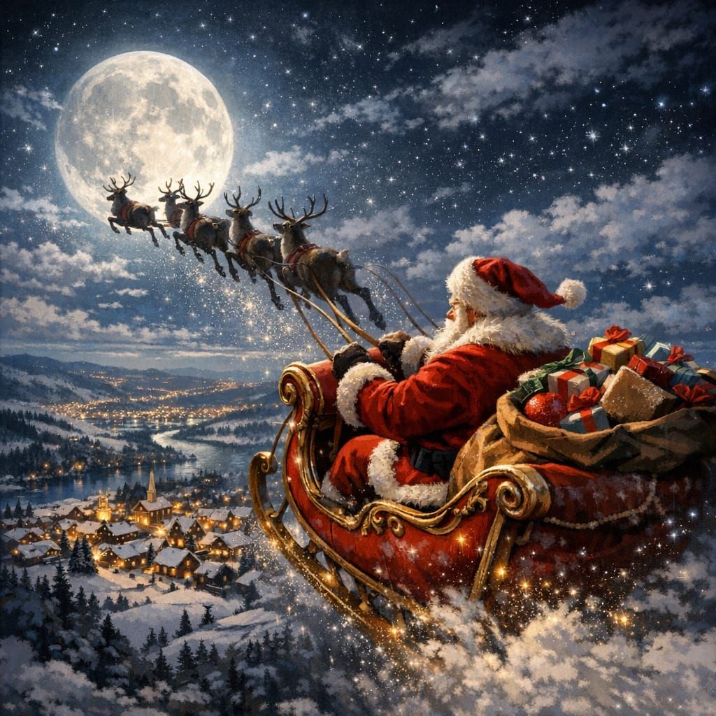 Santa's Sleigh Soars Through Starry Night Sky