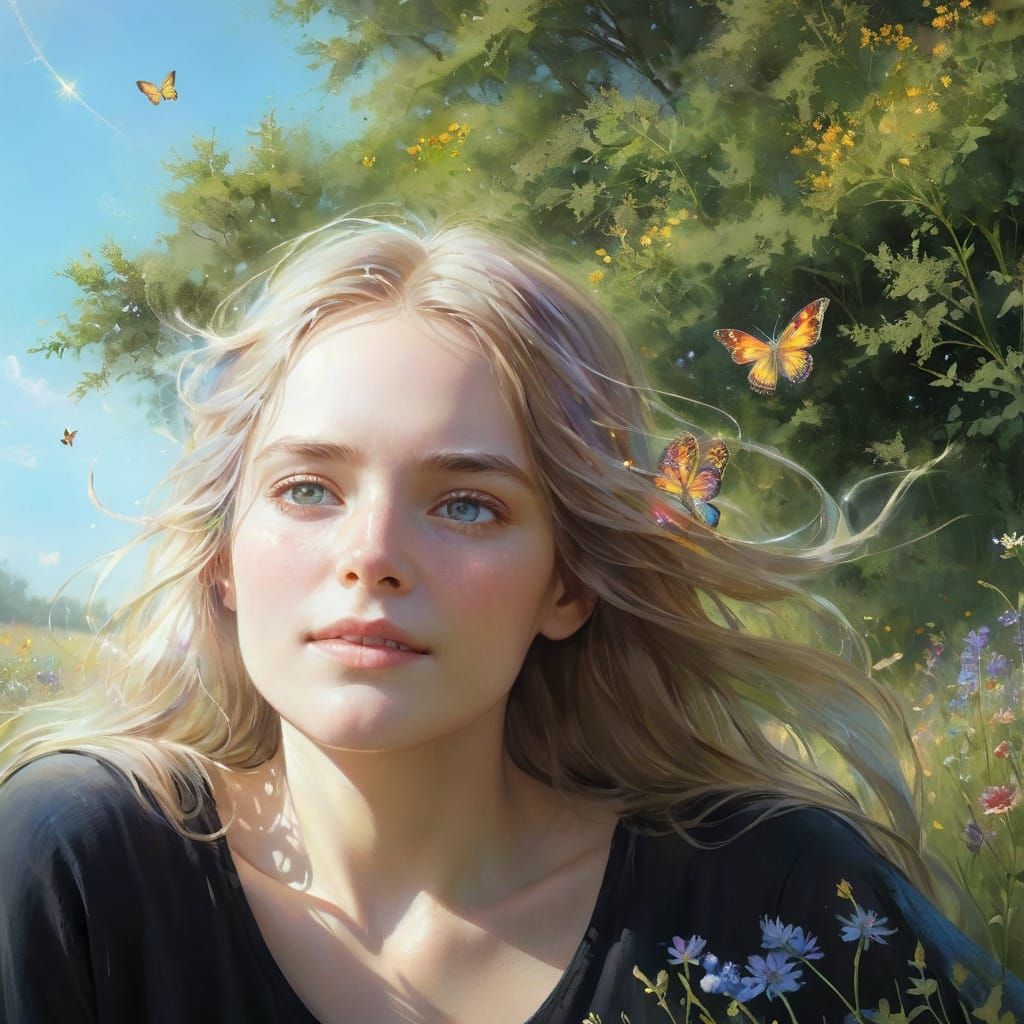 Woman with Butterfly Wings in a Meadow